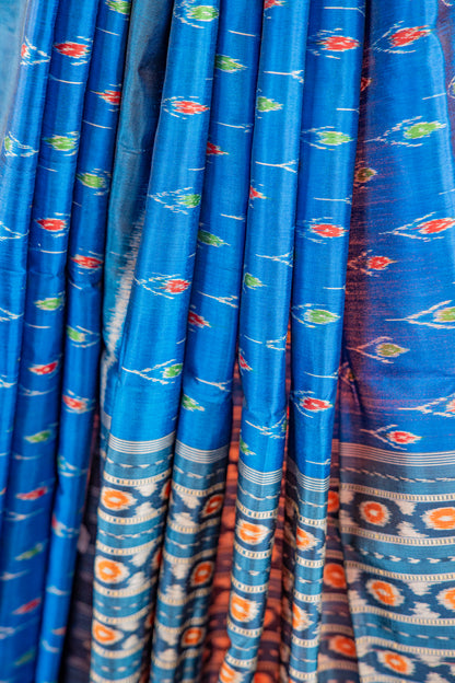 Indigo Blue Khandua Silk Saree with Floral Vine Ikat Motifs | Odisha Handloom