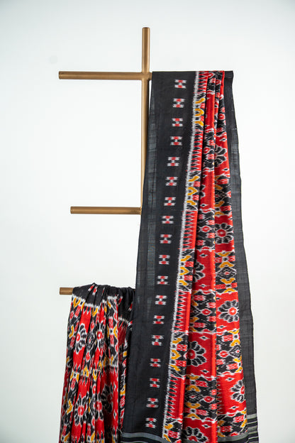 vibrant Brick Red / Coral Red , Charcoal Black Khandua Silk Saree