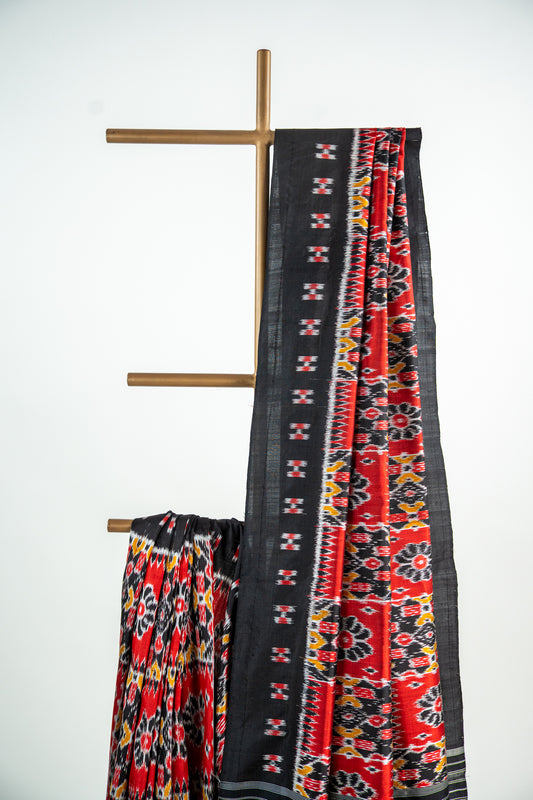 vibrant Brick Red / Coral Red , Charcoal Black Khandua Silk Saree