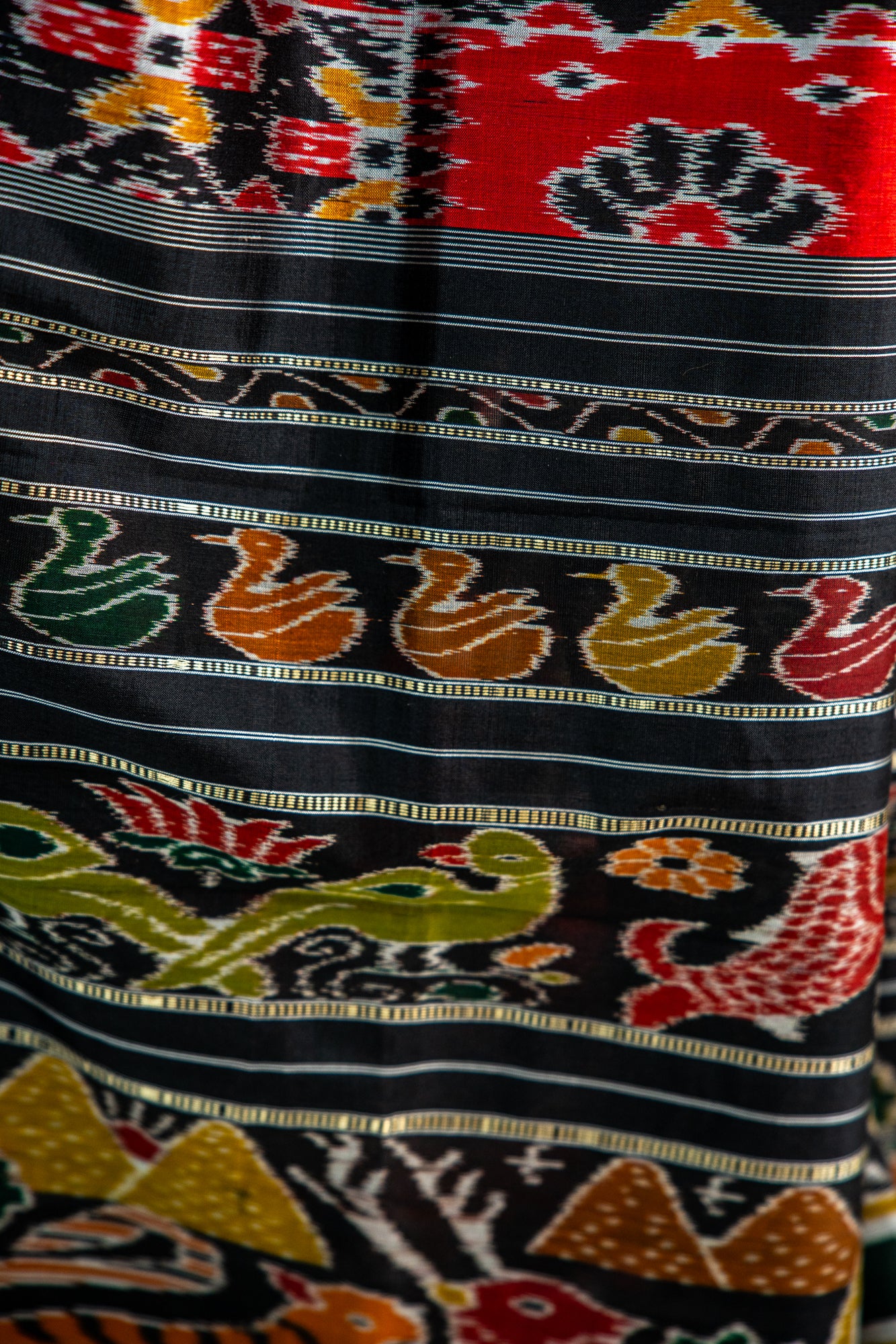 vibrant Brick Red / Coral Red , Charcoal Black Khandua Silk Saree