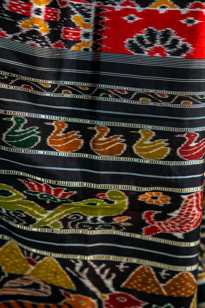vibrant Brick Red / Coral Red , Charcoal Black Khandua Silk Saree