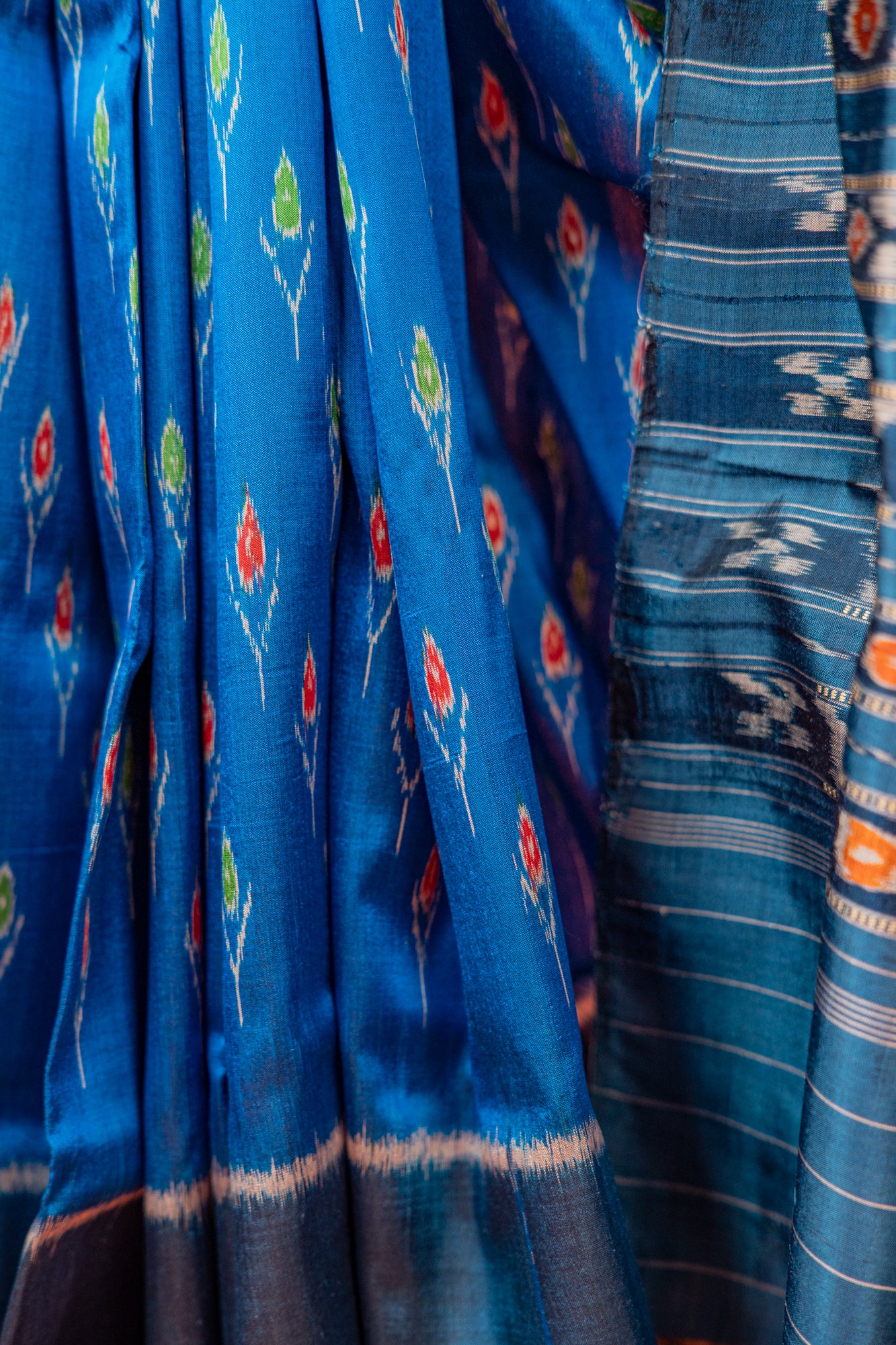 Indigo Blue Khandua Silk Saree with Floral Vine Ikat Motifs | Odisha Handloom