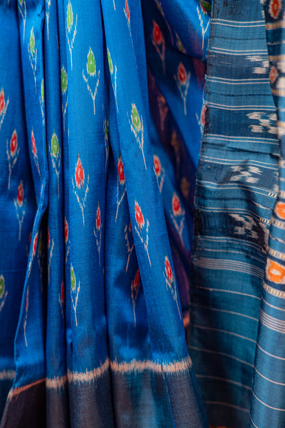 Indigo Blue Khandua Silk Saree with Floral Vine Ikat Motifs | Odisha Handloom