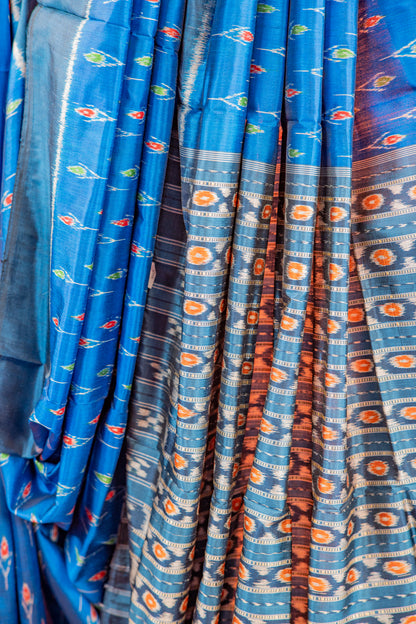 Indigo Blue Khandua Silk Saree with Floral Vine Ikat Motifs | Odisha Handloom