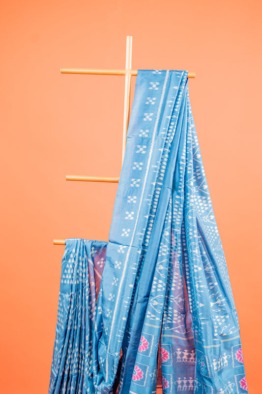 Royal Blue Khandua Silk Saree with Tribal Figurative Ikat Motifs | Odisha Handloom