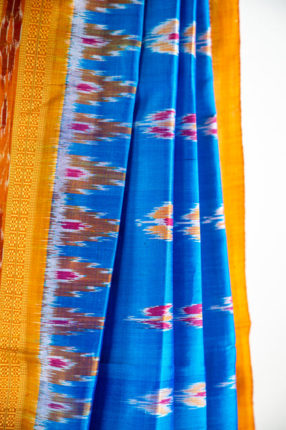 Luminous Blue,Mustard yellow/Bright Orange Khandua Silk Saree