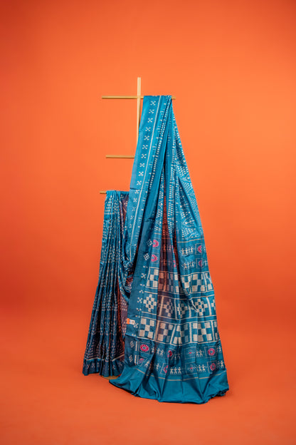 Royal Blue Khandua Silk Saree with Tribal Figurative Ikat Motifs | Odisha Handloom