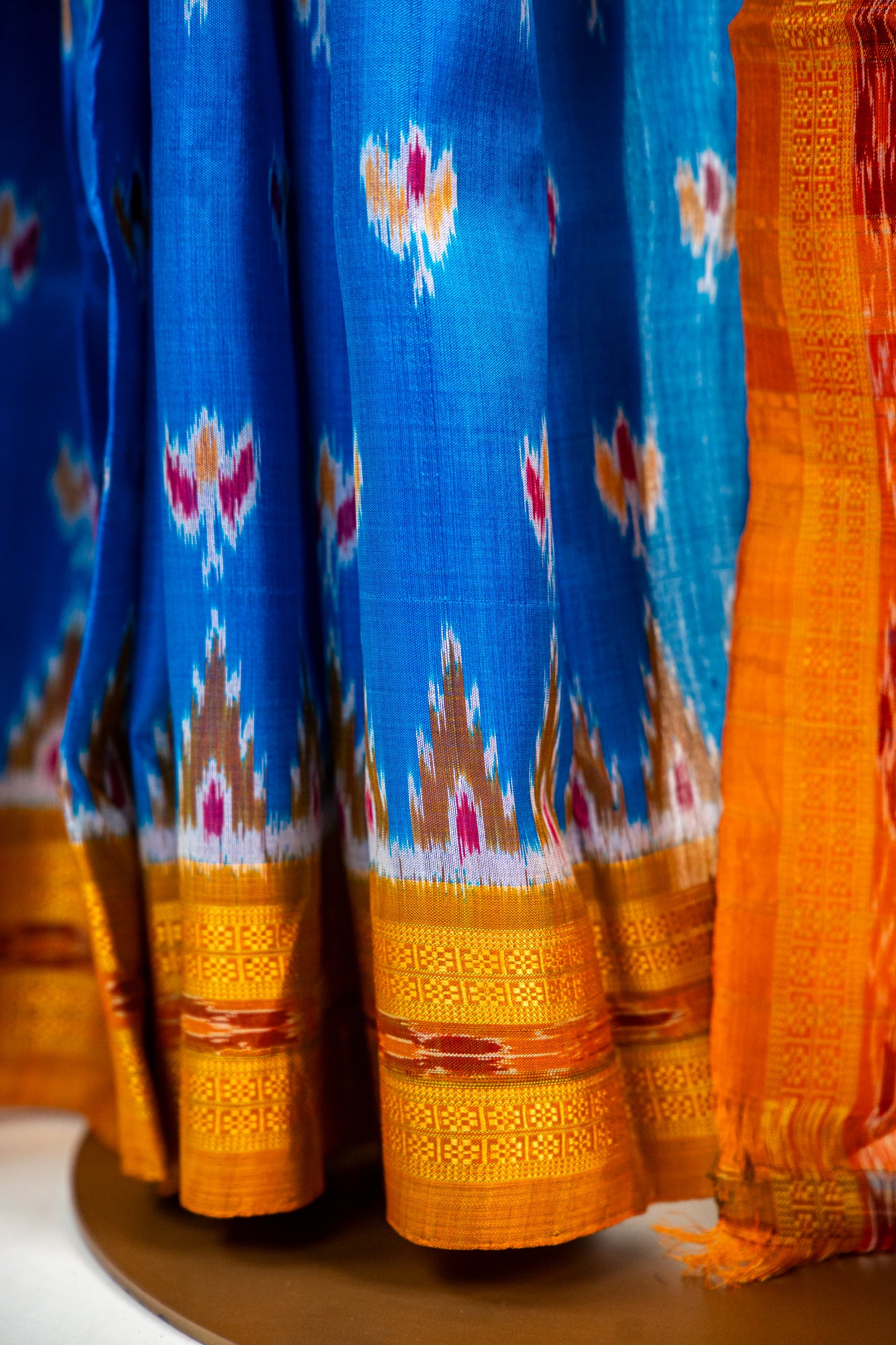 Luminous Blue,Mustard yellow/Bright Orange Khandua Silk Saree