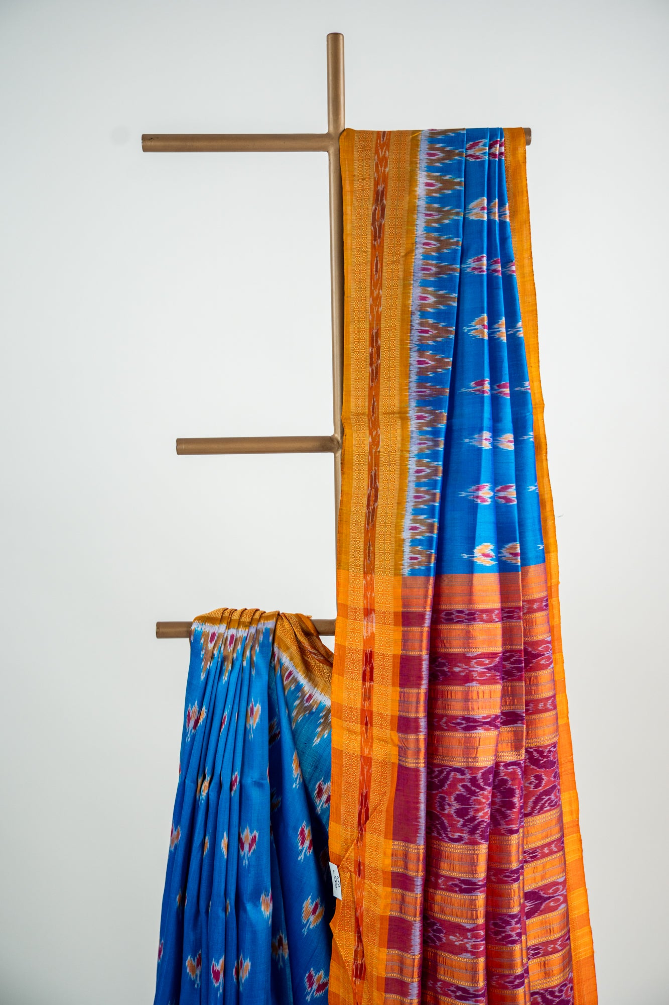 Luminous Blue,Mustard yellow/Bright Orange Khandua Silk Saree