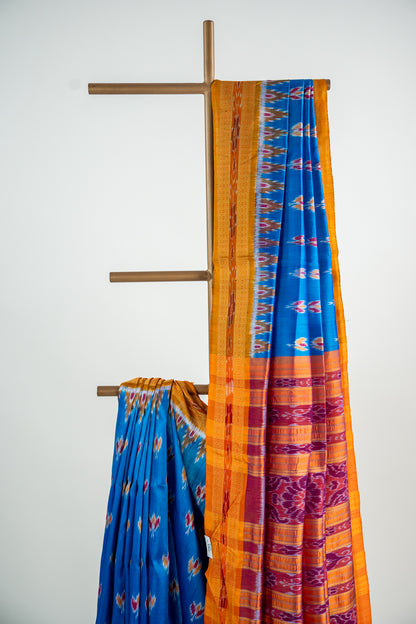 Luminous Blue,Mustard yellow/Bright Orange Khandua Silk Saree