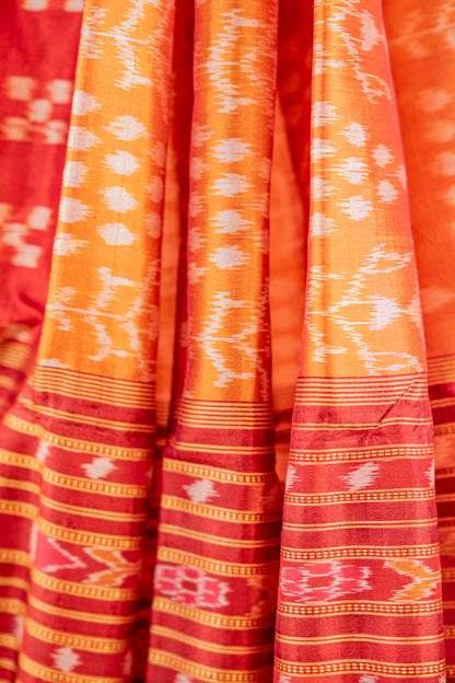 Amber Mustard Khandua Silk Saree with Traditional Gacha Ikat Motifs | Odisha Handloom