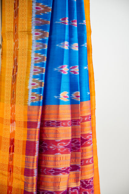 Luminous Blue,Mustard yellow/Bright Orange Khandua Silk Saree