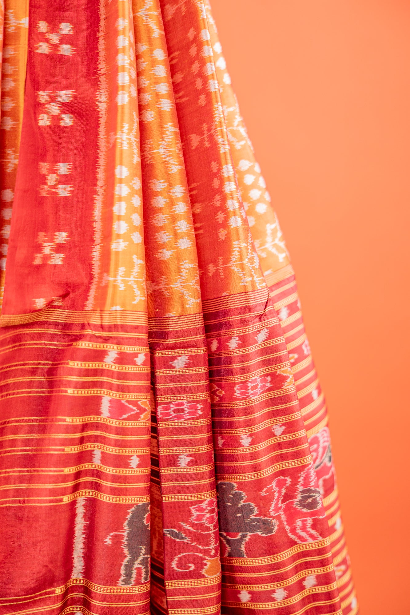 Amber Mustard Khandua Silk Saree with Traditional Gacha Ikat Motifs | Odisha Handloom