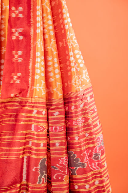 Amber Mustard Khandua Silk Saree with Traditional Gacha Ikat Motifs | Odisha Handloom