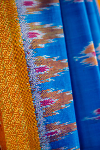 Luminous Blue,Mustard yellow/Bright Orange Khandua Silk Saree