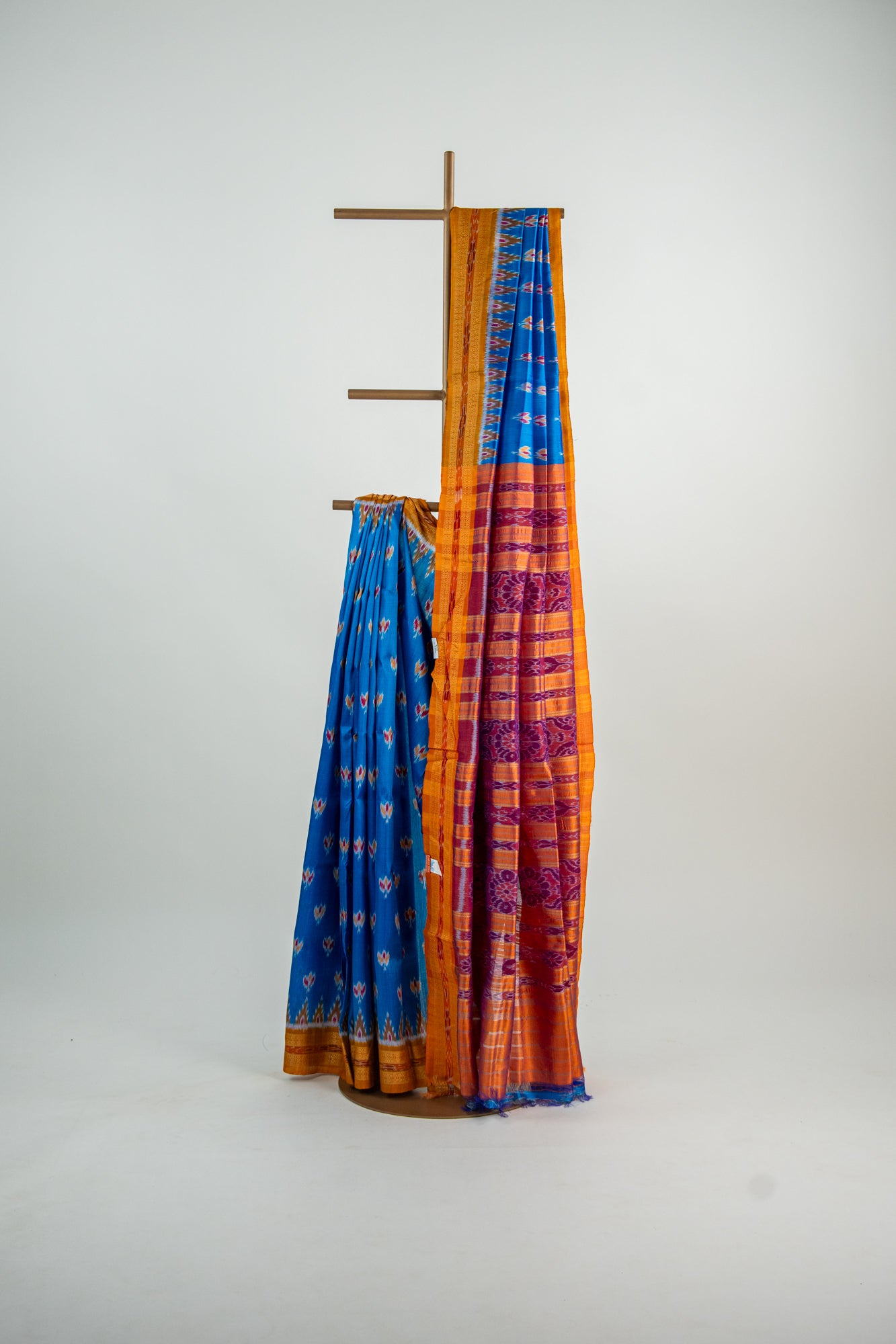 Luminous Blue,Mustard yellow/Bright Orange Khandua Silk Saree