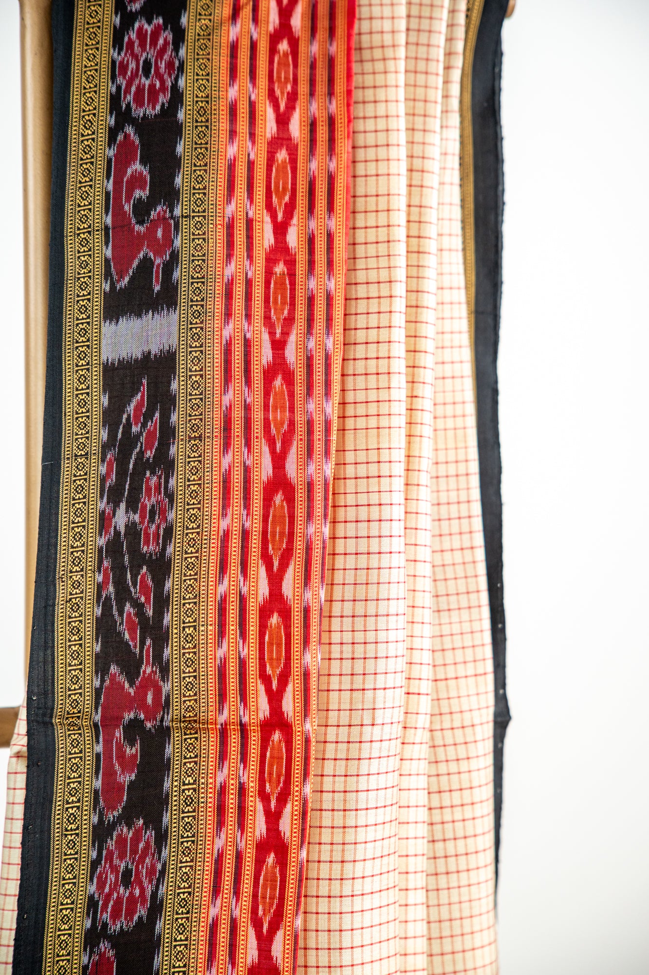 Cream/Off-White with Red and Black Khandua Silk Saree
