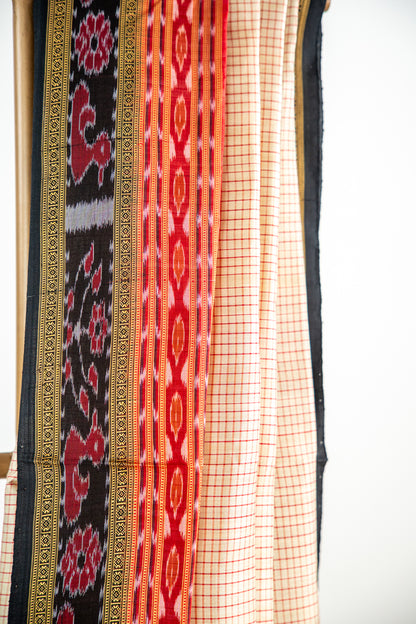Cream/Off-White with Red and Black Khandua Silk Saree