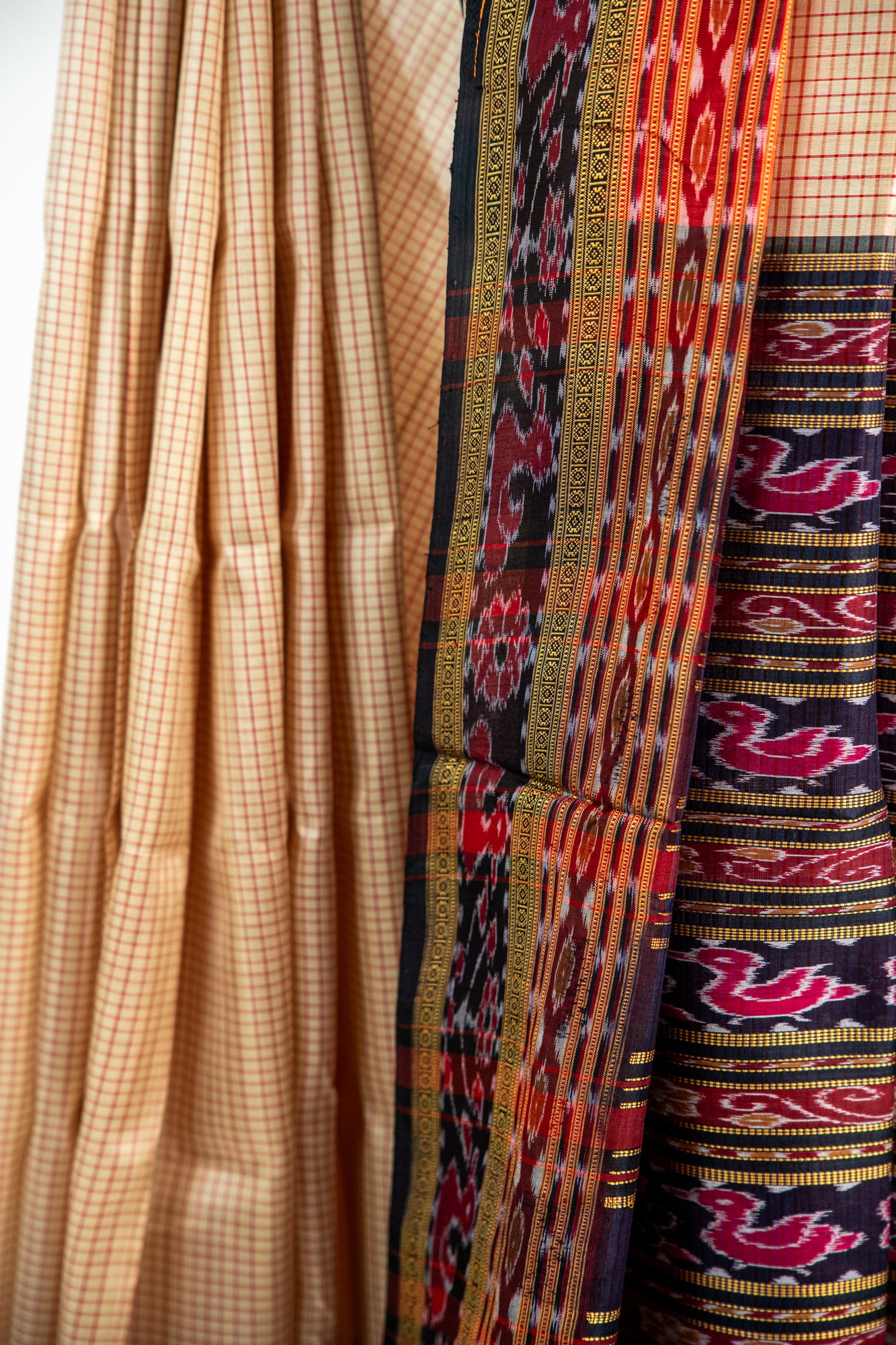 Cream/Off-White with Red and Black Khandua Silk Saree