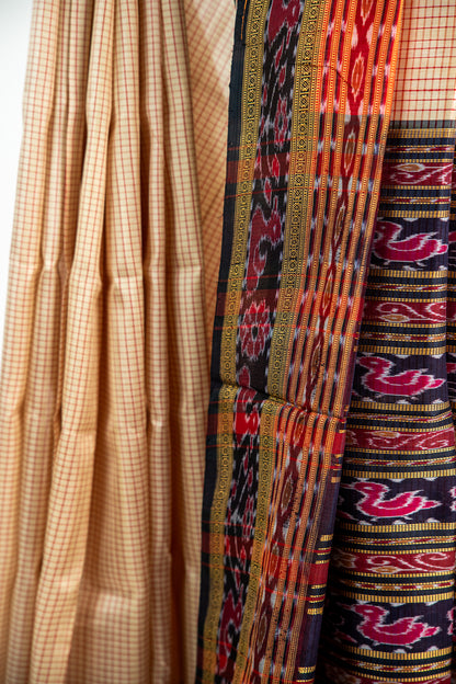 Cream/Off-White with Red and Black Khandua Silk Saree