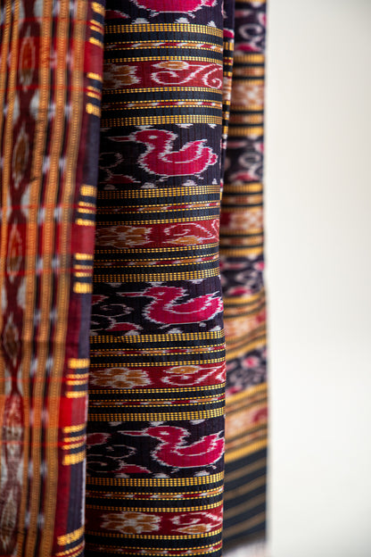 Cream/Off-White with Red and Black Khandua Silk Saree