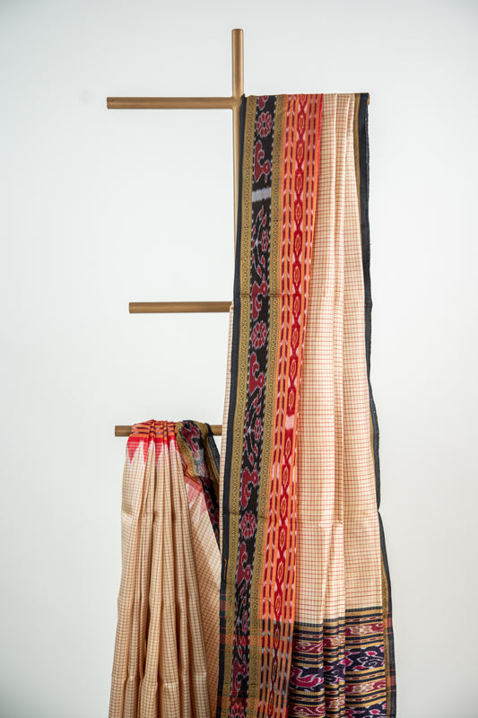 Cream/Off-White with Red and Black Khandua Silk Saree