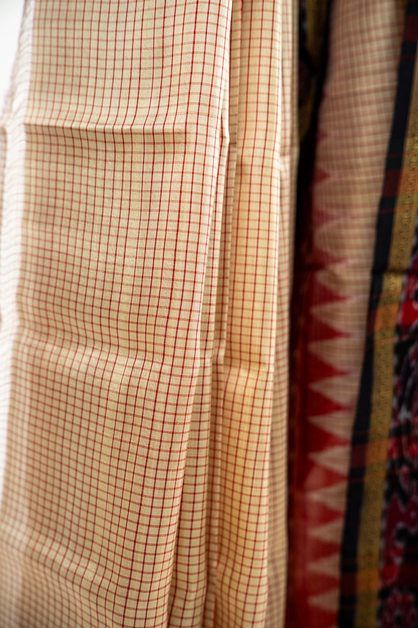 Cream/Off-White with Red and Black Khandua Silk Saree