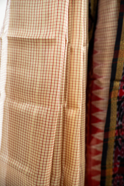 Cream/Off-White with Red and Black Khandua Silk Saree