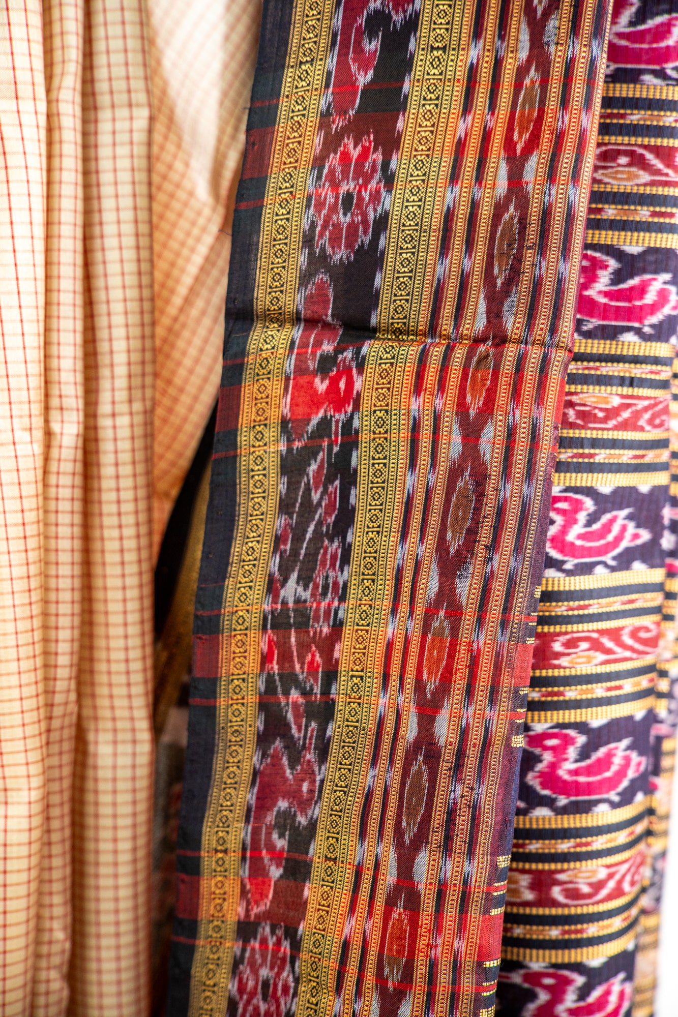 Cream/Off-White with Red and Black Khandua Silk Saree
