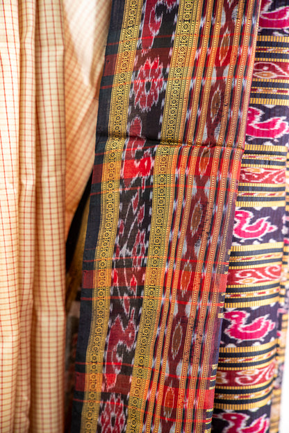 Cream/Off-White with Red and Black Khandua Silk Saree