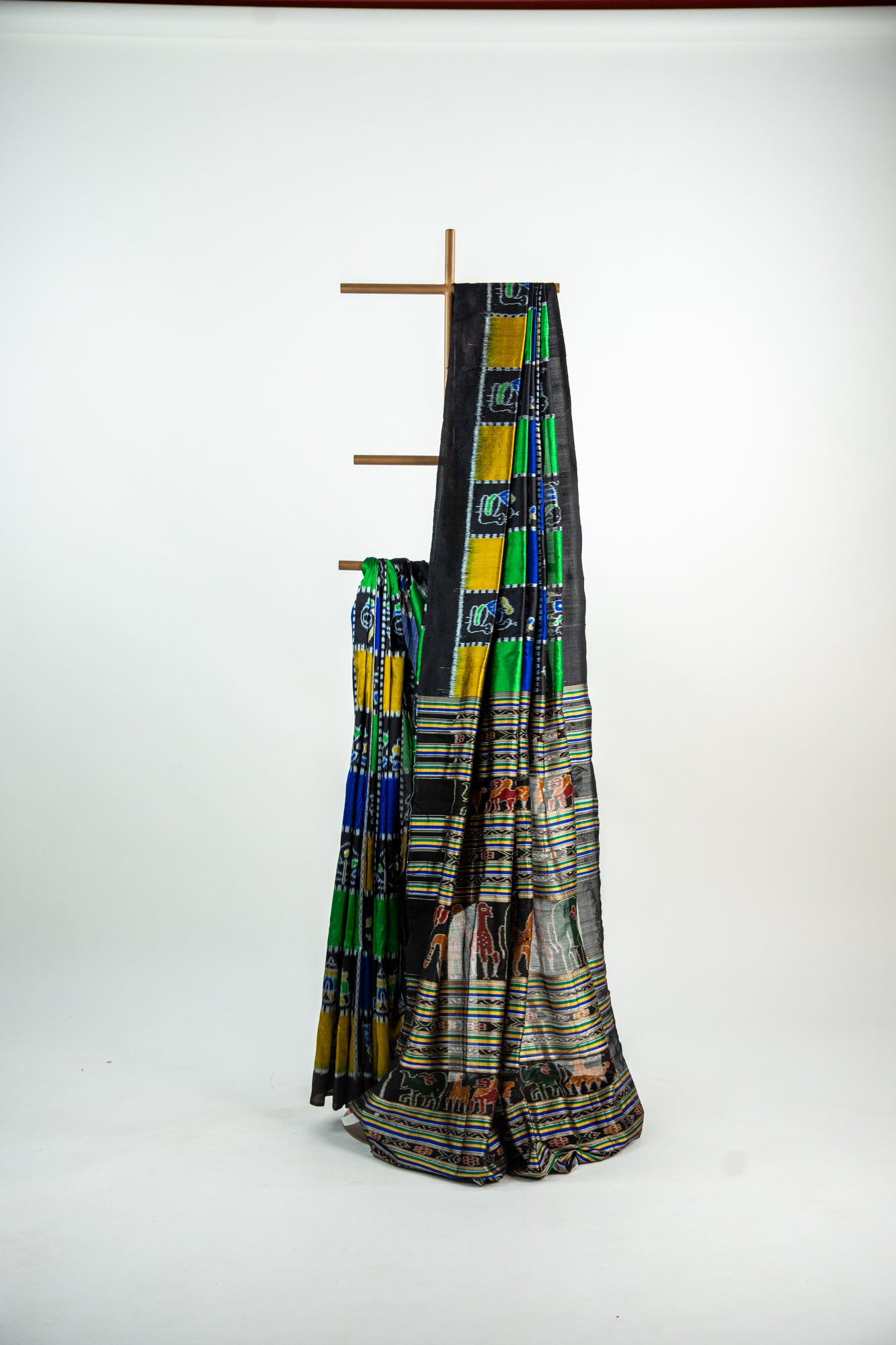 Cobalt Blue, Kelly Green, and Ochre Yellow , Jet Black Khandua Silk Saree