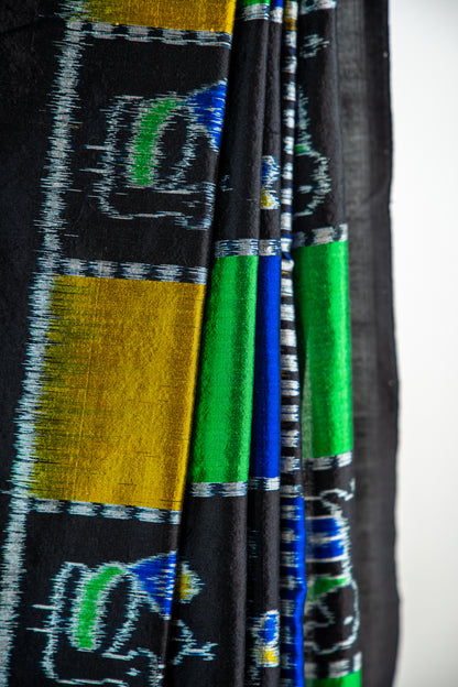 Cobalt Blue, Kelly Green, and Ochre Yellow , Jet Black Khandua Silk Saree