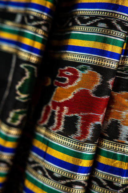 Cobalt Blue, Kelly Green, and Ochre Yellow , Jet Black Khandua Silk Saree