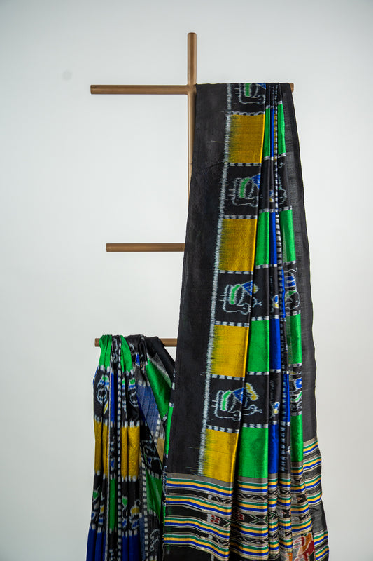 Cobalt Blue, Kelly Green, and Ochre Yellow , Jet Black Khandua Silk Saree