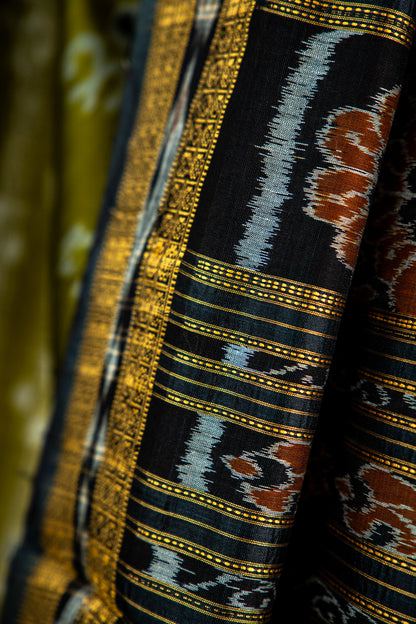 Mustard Yellow and Slate Grey Khandua Silk Saree