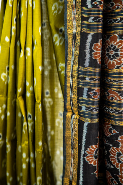 Mustard Yellow and Slate Grey Khandua Silk Saree