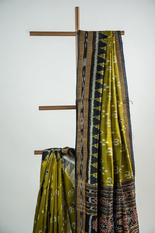 Mustard Yellow and Slate Grey Khandua Silk Saree