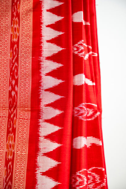 Bright Vermilion Red Khandua Silk Saree