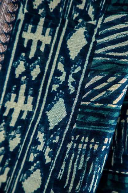 Deep Indigo Blue / Navy base with an ultra-fine Ivory/Cream line print Chanderi Silk Saree