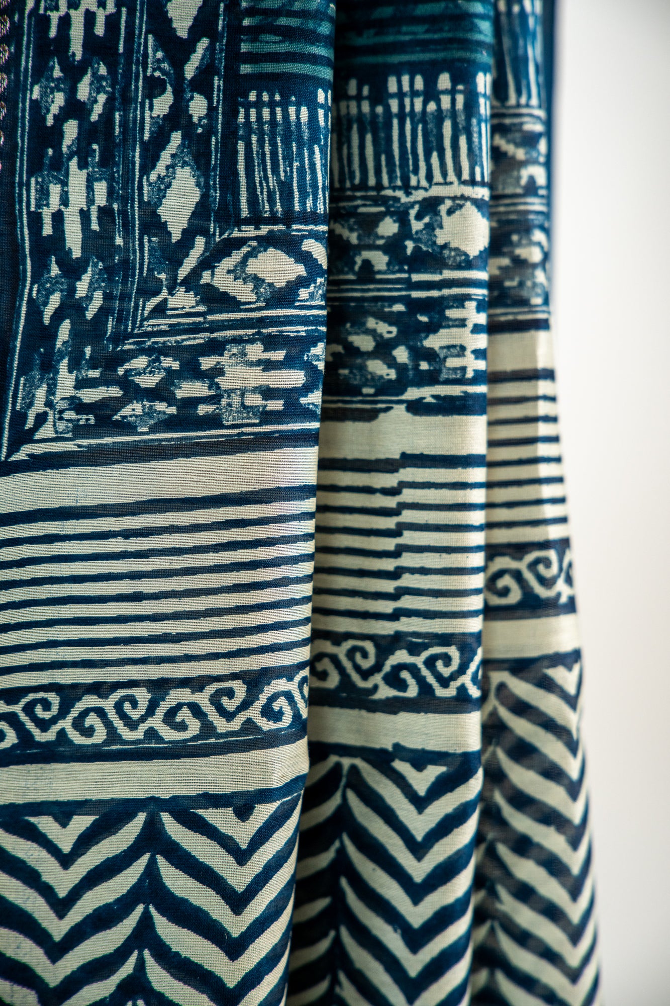 Deep Indigo Blue / Navy base with an ultra-fine Ivory/Cream line print Chanderi Silk Saree