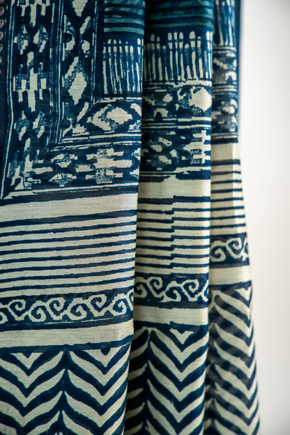 Deep Indigo Blue / Navy base with an ultra-fine Ivory/Cream line print Chanderi Silk Saree