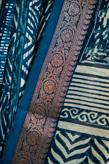 Deep Indigo Blue / Navy base with an ultra-fine Ivory/Cream line print Chanderi Silk Saree