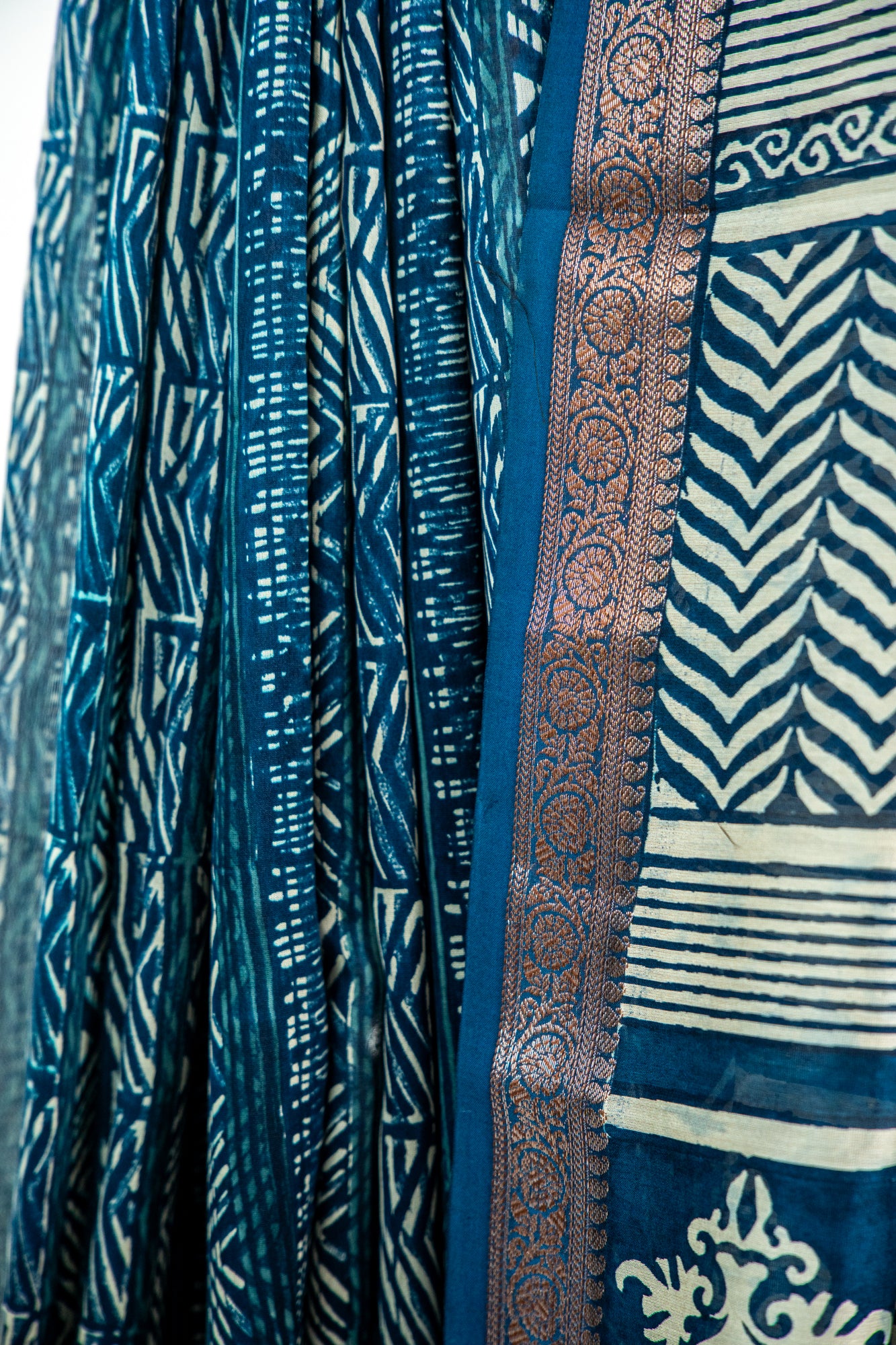 Deep Indigo Blue / Navy base with an ultra-fine Ivory/Cream line print Chanderi Silk Saree