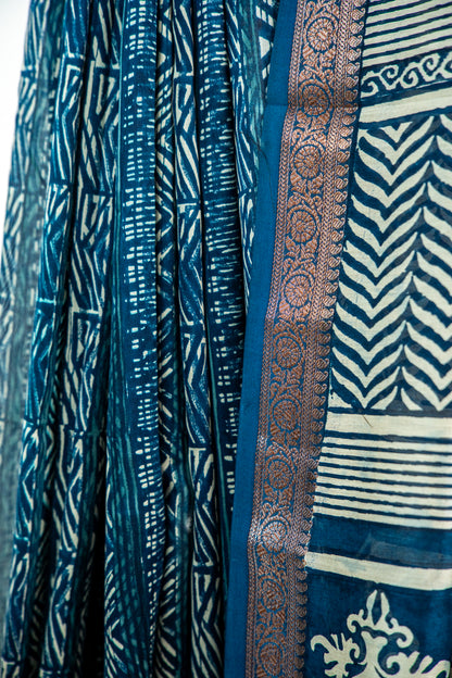 Deep Indigo Blue / Navy base with an ultra-fine Ivory/Cream line print Chanderi Silk Saree