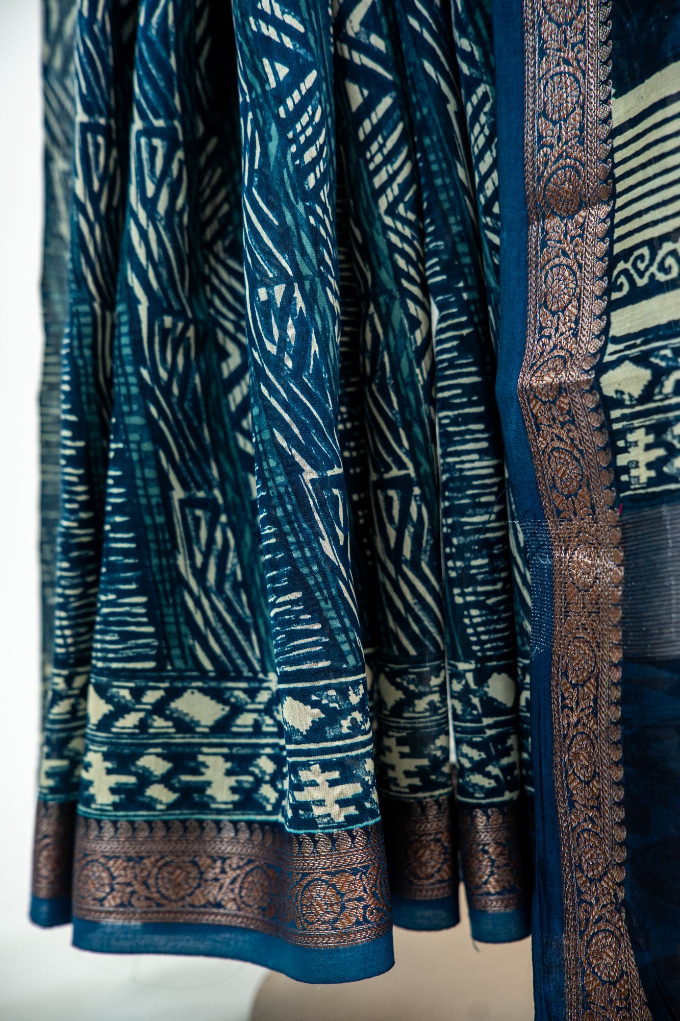 Deep Indigo Blue / Navy base with an ultra-fine Ivory/Cream line print Chanderi Silk Saree