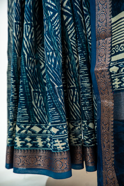 Deep Indigo Blue / Navy base with an ultra-fine Ivory/Cream line print Chanderi Silk Saree