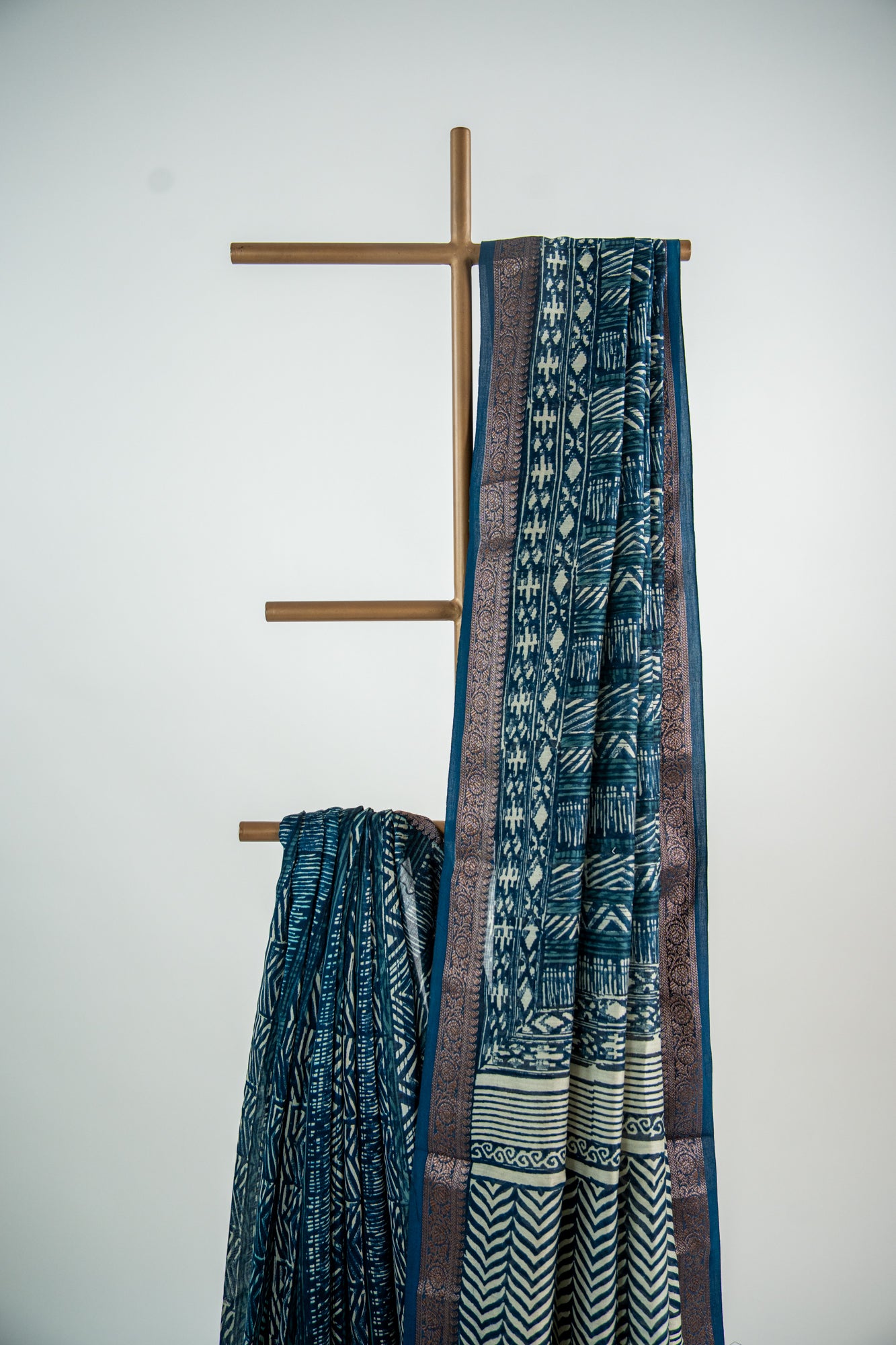 Deep Indigo Blue / Navy base with an ultra-fine Ivory/Cream line print Chanderi Silk Saree