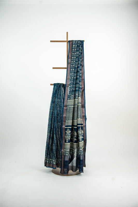 Deep Indigo Blue / Navy base with an ultra-fine Ivory/Cream line print Chanderi Silk Saree