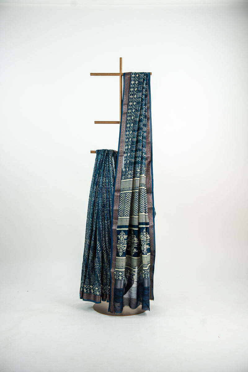 Deep Indigo Blue / Navy base with an ultra-fine Ivory/Cream line print Chanderi Silk Saree