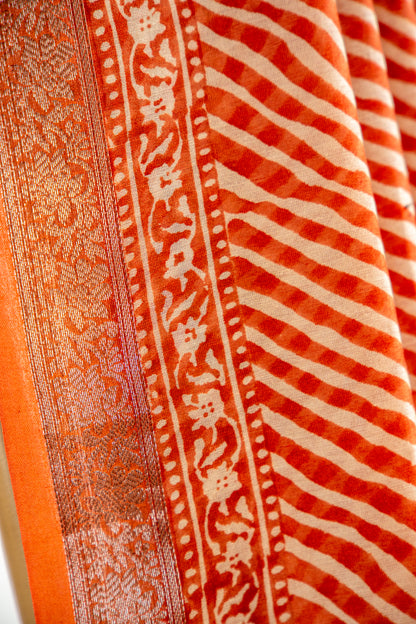 Deep Charcoal Black base with an intricate Silver-Grey and Off-White overlay Chanderi Silk Saree